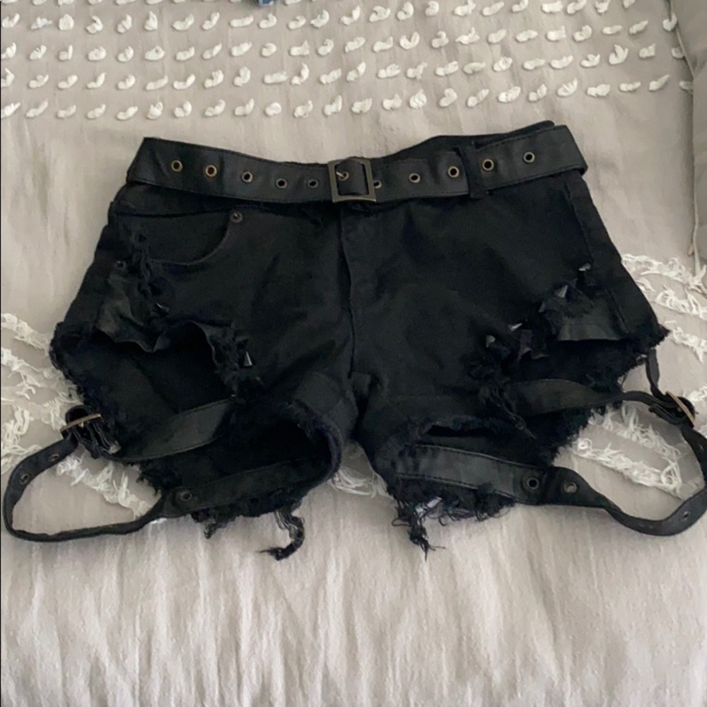 Black denim studded shorts